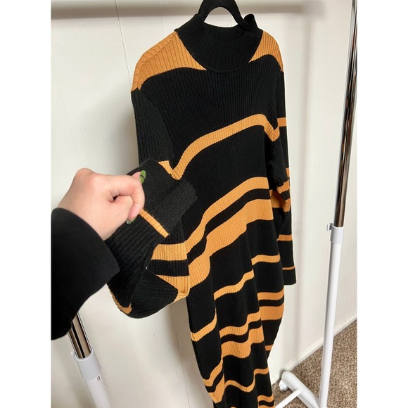 JUSTFAB Black & Mustard Stripe Mock Neck Ribbed Knit Maxi Sweater Dress - Picture 5 of 7